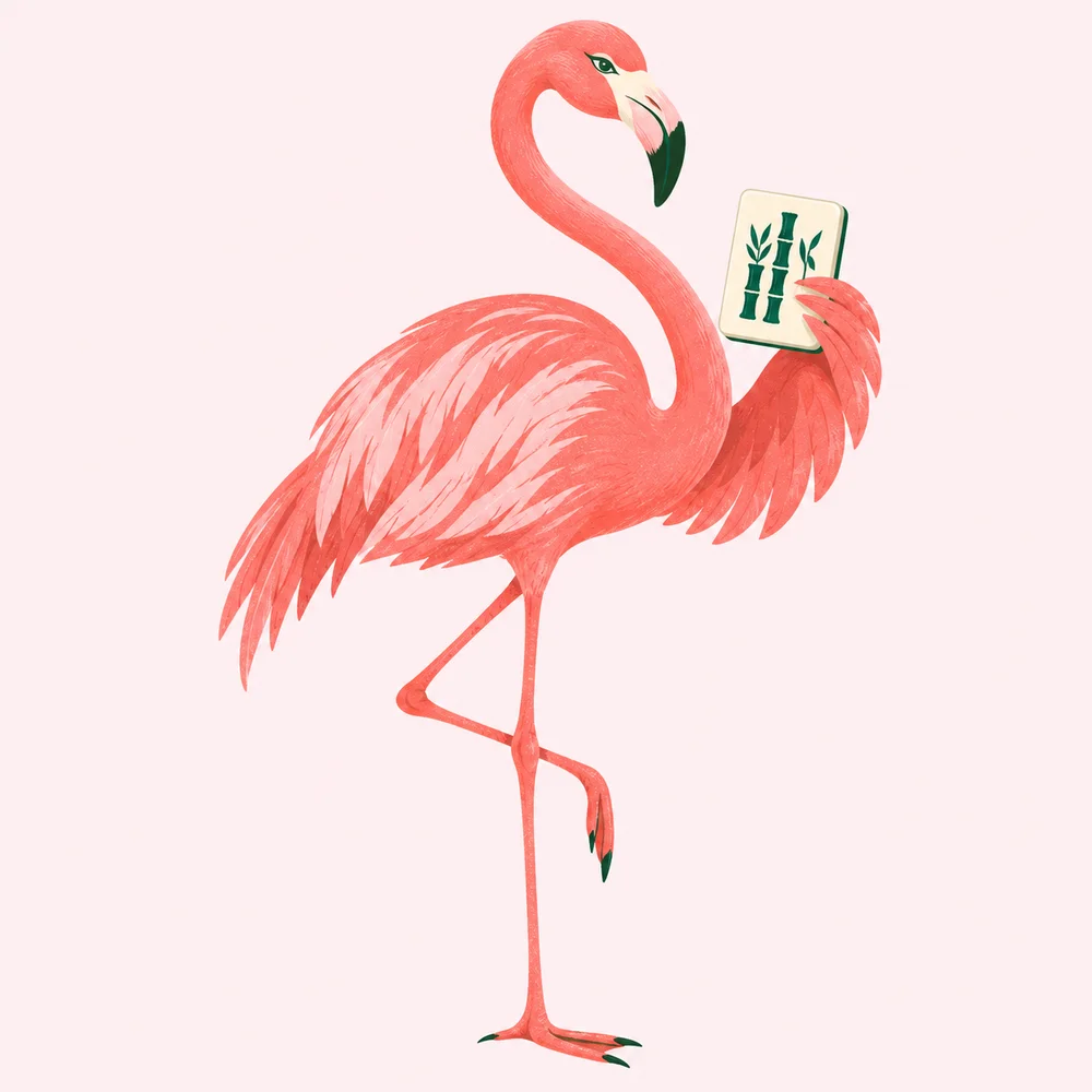 Our pink flamingo mascot holding a mahjong tile